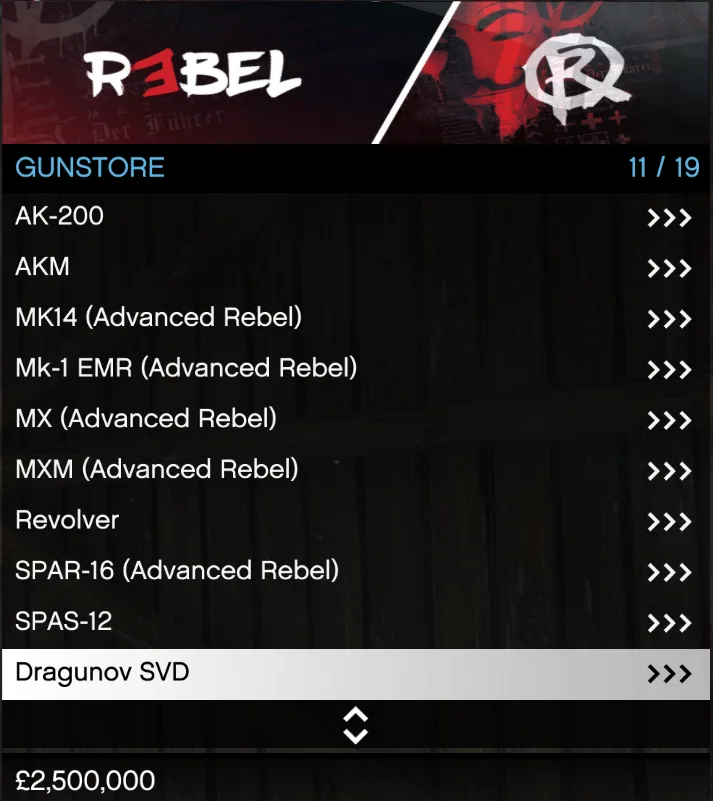 Rebel Gun Shop Menu